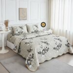 Cuvertură de pat, cu două fețe, 3 piese, model floral pe fond crem și maro - imagine 2