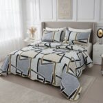 Cuvertură de pat, cu două fețe, 3 piese, model cu frunze și geometric - imagine 2