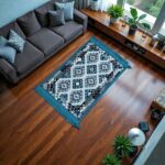 Traversă tradițională țesută, nuanțe de gri și turcoaz, 60x90 cm - imagine 2